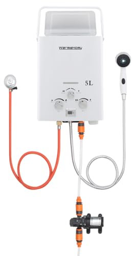 Warmiehomy 5L Portable Gas Water Heater Outdoor Shower Tankless Water Heater with Water Pump 12V Propane Instant Water Heater for Outdoor Camping Shower RV Trip Horse Washing