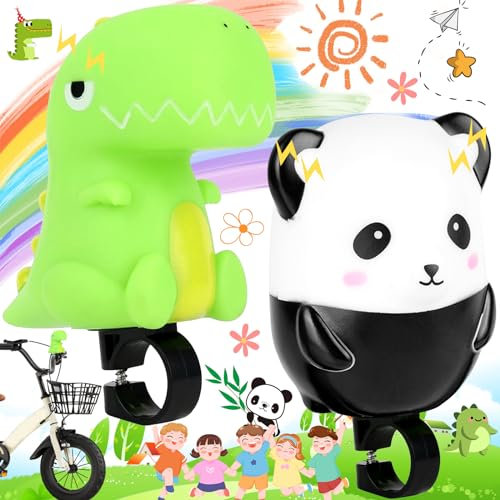 SUpoetry 2 Stücke Fahrradhupe Kinder, Niedliche Hupe für Kinderroller, Die Süße Fahrradhupe, Dinosaurier-Panda-Fahrradhupe, Kinder Hupe Dinosaurier für Reiten Trekking Spielen Draußen