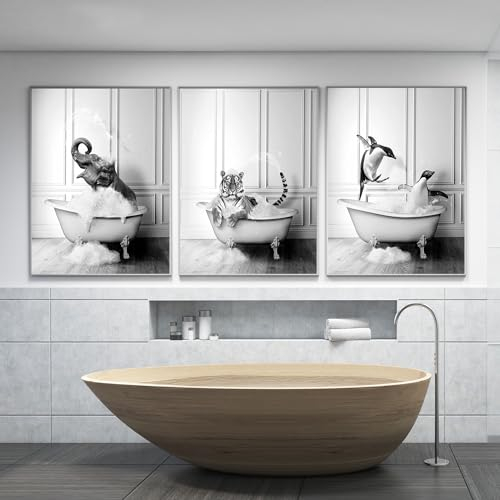 KXHHYB Badezimmer Bilder,Schwarz Weiß Tier Poster, Lustige Tier in der Badewanne Leinwand Bilder für Wohnzimmer Badezimmer Schlafzimmer Dekor-Rahmenlos (A,40x60cm**3)