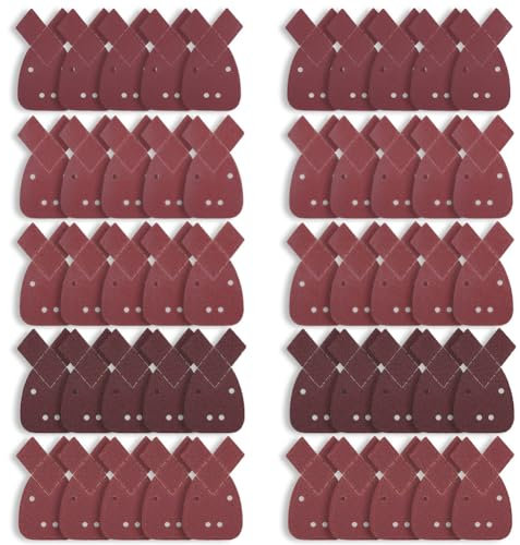 URAQT 50 Pezzi Fogli Abrasivi Carta Vetrata Mouse, Carta Vetrata per Levigatrice con 2 Testine di Ricambio, Triangoli Abrasivi Grana 40/60/80/120/240, per Levigatrici Manuali Black e Decker Detail