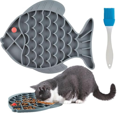 Slow Feeder Cat Bowl,Cat Slow Feeder Bowl,Cat Lick Mat,Cat Slow Feeder, Lick Mat for Cats, 1 PCS Fish Plate Gray,1PCS Blue Brush, Non-Slip Fish Design Dry Wet Bowl for Cats and Puppies