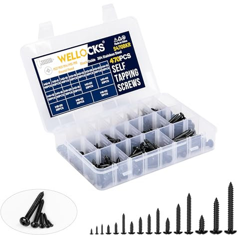 WELLOCKS Selbstschneidende Schrauben | 470 PCS M2/M3/M4/M5/M6 Schwarzes Oxid Edelstahl Schrauben Sortiment Kit | Rundkopf Pan Blechschrauben Holzschrauben Set Aufbewahrungsbox | für Reparatur(S470BKR)