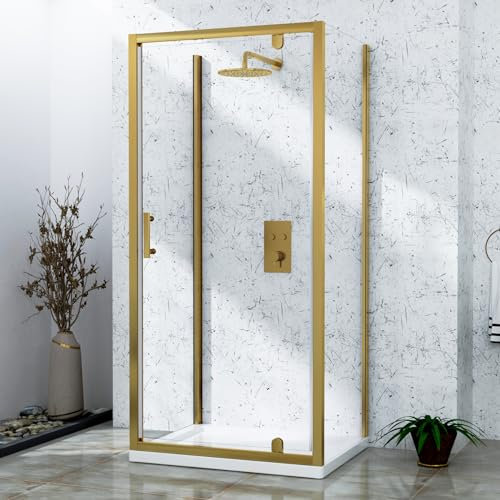 Venice 800 x 800mm Brushed Brass 3-Sided Pivot Door Shower Enclosure Square with Side Panels 6mm Safety Tempered Glass Screen