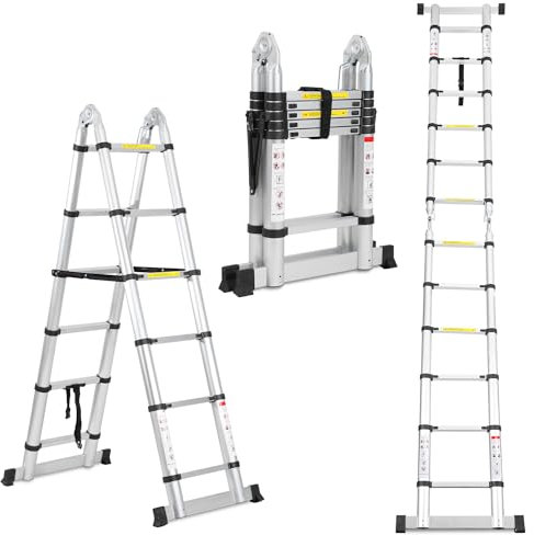 Cecaylie Teleskopleiter Klappleiter Aluminium, 3.8M(1.9M+1.9M) Ausziehbare Leiter mit Stabilisatoren, Tragbar A-Rahmen Rutschfester Stehleiter, Max Belastung 150 kg (Silber)