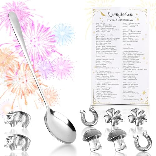 Spaßiges Zinngießen Set mit 8 Figuren und 1 Löffel, Silvester Zinngießen Set Alternative zum Bleigießen für Gesellschaftspiele & Partyspiele, Wachsgießen Set Silvester Spiele