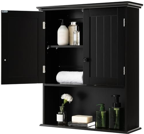 RELAX4LIFE Bathroom Wall Cabinet, Wooden Wall Mounted Storage Cupboard with Adjustable Shelf & Double Door, Modern Wall Storage Unit for Entryway Kitchen Living Room (Black)