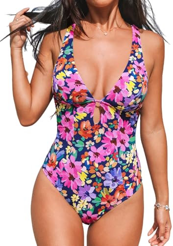CUPSHE Damen Badeanzug V Ausschnitt Schlüsselloch Tiefer rücken Ringdetail Cutouts Figurformend Strukturierte Einteilige Bademode Swimsuit Marineblau/Blumig XL