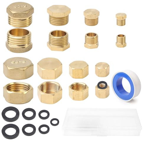 Verschlusskappe Blindstopfen Wasserstopp Aufbewahrungskiste - 16 Stück Außengewinde Aufbewahrungskiste 1/8 1/4 3/8 1/2 mit 8 Gummidichtungen, Messing Kappe Klempnerband für Garten Wasserleitung