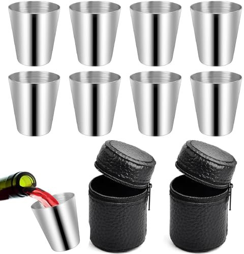 8 Stück Edelstahlbecher,30ml Stapelbare Schnapsbecher,Klein Edelstahl Becher,Schnapsbecher Edelstahl,Tragbar Metallbecher Stapelbare mit 2 Lederetui mit Reißverschluss für Camping,Picknick,Wandern