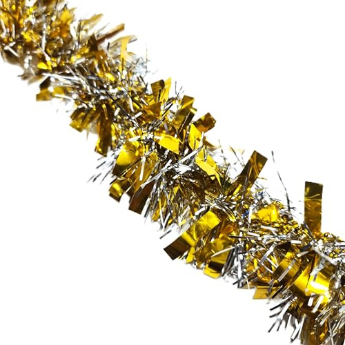 HSD Christmas Tinsel Garland 2M (6.5ft) Xmas Metallic Chunky Fine Sparkle Garland Shiny Christmas Tree Party Decorations (Chunky Gold Silver)