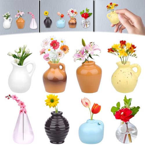 Vibbang 8Piezas Mini Imanes de Cerámica para Nevera, Mini Vase Magnets for Fridge, Floreros de Cerámica 3D, Divertidos Accesorios para Nevera, Decoración para Cocina y Oficina
