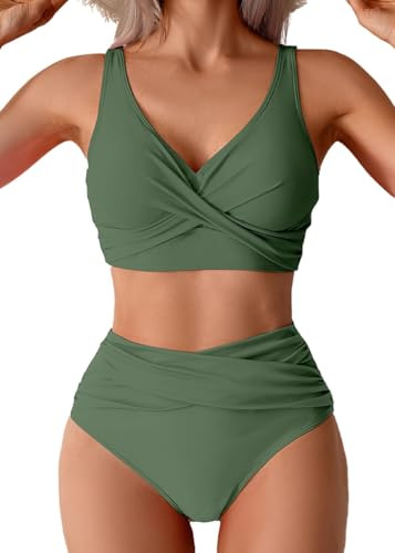 Sangdut Badeanzug Damen Set Push up High Waist Sexy Triangel Breites Unterbrustband Mit Cups Zweiteiliger Badeanzug Swimsuits(Grün,2XL)