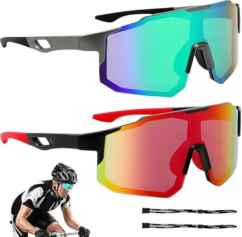 ROTKUSZ 2 Stück Schnelle Brille, Fahrradbrille Herren Damen Sport Sonnenbrille Herren UV400 Schutz Winddicht Sonnenbrille Herren Sport für Radfahren, Motorradfahren, Bergsteigen, Blau + Rot