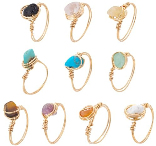 UNICRAFTALE 10Pcs Real 18K Gold Plated Light Gold Chakra Crystal Rings 10 Styles Gemstone Rings Copper Wire Wrapped Ring Irregular Colorful Gem Ring for Women