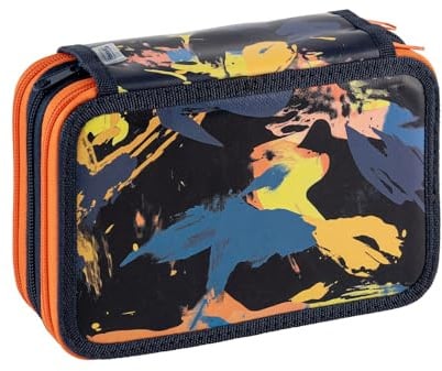 Favorit Federmäppchen mit 3 Fächern, für die Schule, mit Schreibwaren, 20 x 13 x 7,5 cm, Camouflage, Schwarz