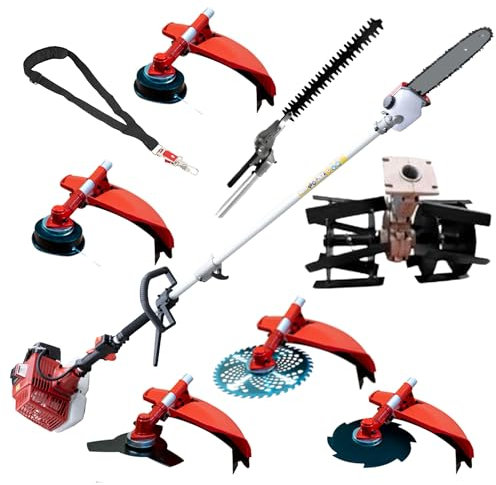 Synergy Desbrozadora Multifunción Gasolina 8 en 1 65cc 4,9cv Motor 2T, Cuchillas Helicoidales, Cortasetos, Podadora, 3 Discos y 2 Cabezales Automáticos, Arnés Profesional y Kit de Protección
