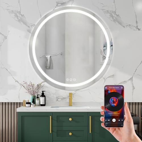 Simusi 80cm Rund Bluetooth Spiegel Badezimmerspiegel mit Beleuchtung | Spiegel mit Beleuchtung, Wandspiegel mit Frontbeleuchtung, Antibeschlagfunktion, Dimmbar, mit 3 Einstellbaren Lichtfarben
