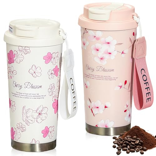GOEDCH Kaffeebecher To Go: 2 Stück 500ml Thermobecher, Edelstahl Travel Mug mit Auslaufsicherem Deckel und Strohhalme, Kirschblüten, Pfirsichblüten Isolierbecher für heißes, kaltes Wasse, Kaffee, Tee