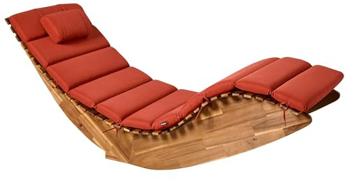 Beliani Outdoor Garden Patio Rocking Lounger Sunbed Light Acacia Wood Cushion Red Brescia II