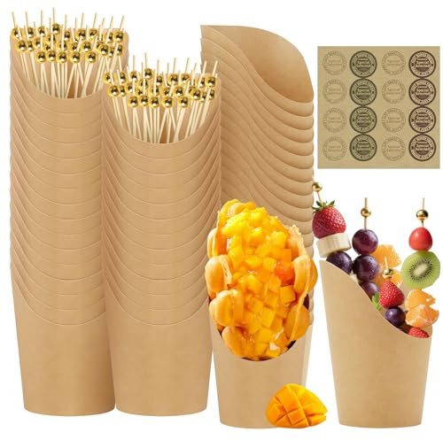 Mssushi 60 Porte Frites Tasses 12oz, 150 bâtonnets | Cornets Frites Bouche Inclinée, Avec Autocollants, Pour Popcorn, Gaufres, Desserts