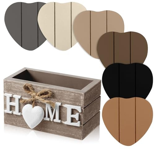 Patelai Wooden Heart Coasters for Drinks Set of 6 Funny Farmhouse Coasters with Holder for Coffee Table Protection Housewarming Gifts for New Home Decoration, 4 Inch(Home,Brownish Black)