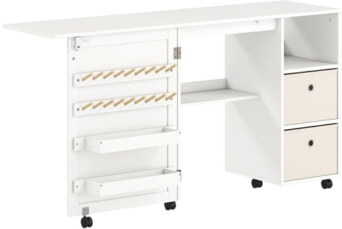 HOMCOM Mesa de Costura Plegable con 6 Ruedas, Mueble para Máquina de Coser con 18 Clavijas para Hilos, 2 Cajones de Tela, 3 Compartimentos, Tomas Corriente Armario de Costura para Estudio Salón Blanco
