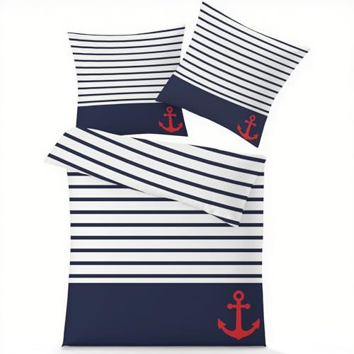 GEDAEUBA Maritim Anker Bettwäsche 135x200 - Marineblau Weiß Gestreift Bettbezug, Wendebettwäsche und Kissenbezug 80x80, Weiche & Angenehme Mikrofaser Bettwäsche-Sets mit Reißverschluss