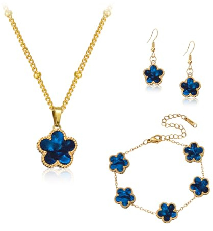 Gkaopi Vierblättriges Kleeblatt Schmuckset für Damen und Mädchen 18K Überzug Edelstahl Zweiseitig VierbläTtriges Anhänger Halskette Ohrringe Armband Hypoallergenes Glücksklee Emaille Schmuck Set