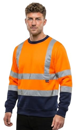 Hi Vis Sweatshirt Men High Visibility Crew Neck Long Sleeve Workwear Jumper Reflective Safety Security Top EN ISO 20471 Railway Construction Warehouse PPE Size S-4XL