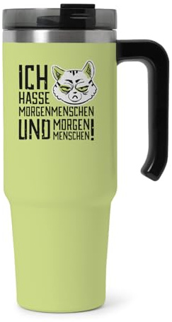 itsisa XXL Thermobecher Miesekatze Ich hasse Morgenmenschen mit Griff und Strohhalm 1200 ml - Isolierbecher, Trinkbecher, Trinkflasche, Kaffeebecher, Kaffeetasse