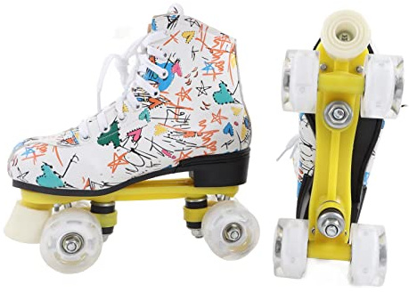 RASTKY Unisex-Rollschuhe, Zweireihig, Vier, Zweireihig, 4-Rad-Rollschuhe, Weiße Graffiti-Rollschuhe, Skating-Schuhe für und Erwachsene, Größe 38, High-Top-Rollschuhe aus PU-Leder