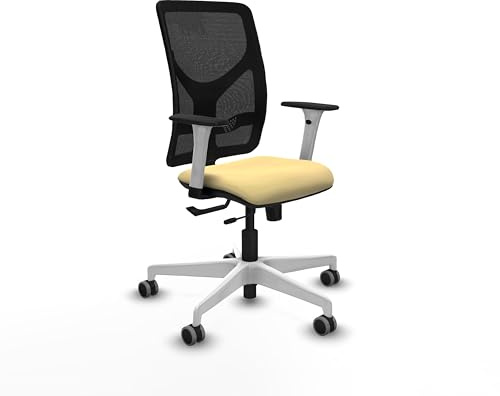 Piqueras y Crespo - Silla Oficina Respaldo Rejilla Motilla con Reposabrazos Blancos y Negros, Apoyo Lumbar Regulable en Altura. Equipado con Sincro/Traslack y Espuma de Corte. Negro/Crema