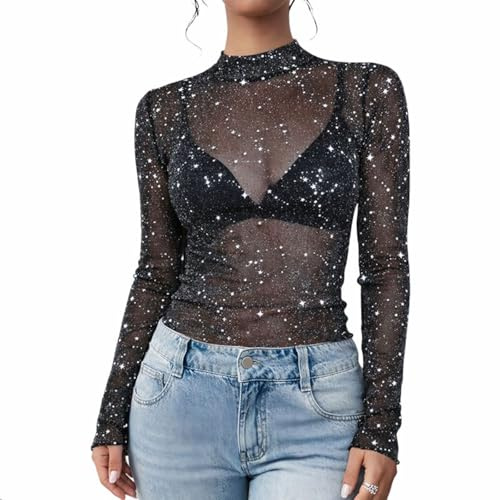 GWAWG Black Mesh Glitter Sparkly Top Women, Long Sleeve Sheer Sequin Party Blouse, Elegant Black Top for Club, Evening, Wedding Carnival