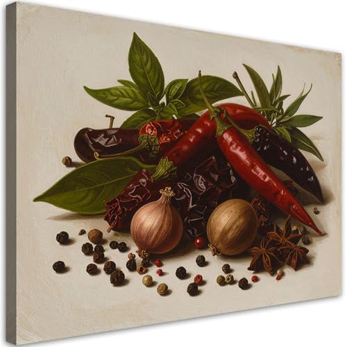 Feeby Leinwand Bilder - Bild Wohnzimmer - Rote Paprika Kräuter Pfeffer - 120x80 1tlg - Deko Schlafzimmer Groß - Dekoration Canvas - Gemälde - Modern Wandbilder - Kunstdruck