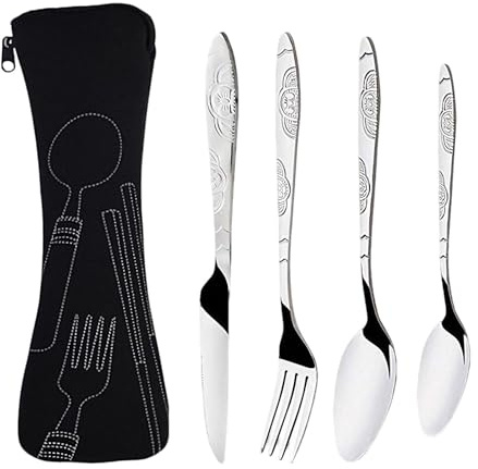 4Psc Cutlery Set with Portable Pouch Case, Stainless Steel Flatware Camping Utensil Set Knife, Fork, Spoon, Reusable Flatware Sets Knife for Outdoor Travel Picnic Office School Lunch Box