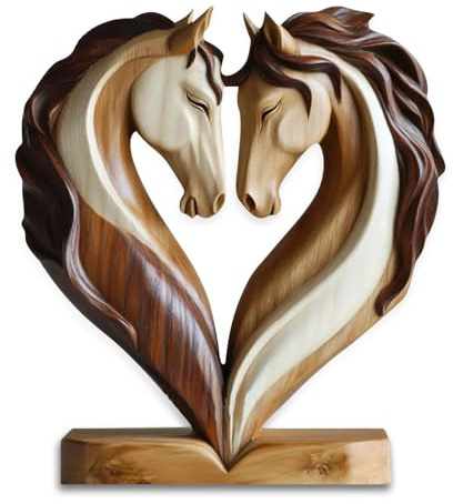 Komergave Holz Pferd Figur mit Herzdesign Bunt, Holzdeko aus Naturholz für Wohnzimmer Regal Schreibtisch, Pferde Deko für Pferdeliebhaber, Figuren Deko als Pferde Mädchen Geschenk