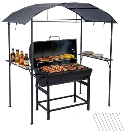 Relaxdays Grill Pavillon, HxBxT: 230 x 210 x 116 cm, mit Seitenregalen, Metall, Polyester, Grillhütte Garten, anthrazit