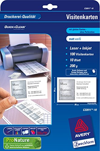AVERY Zweckform C32011-500 vorbedruckbare Superior Visitenkarten, blanko (5.000 Stück, 200g, 85x54 mm, einseitig bedruckbar, matt weiß, 500 Blatt) für Pre-Print-Verfahren geeignet, 5.000 Karten