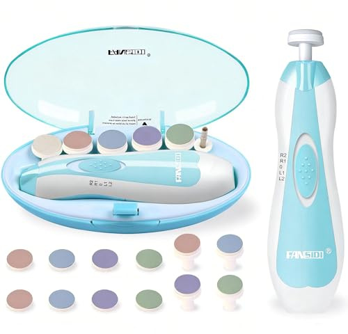 Fansidi Baby Nail Trimmer Electric, Easy & Safe Nail File for Newborn Infant Toddler, Whisper-Quiet Nighttime Use, 4-Stage Age-Matched Grinding Heads, LED Light, 18-Piece Kit, Blue, Baby Shower Gift