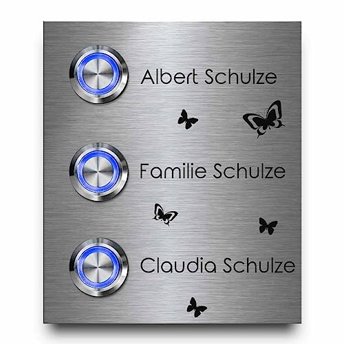 3 Fach Edelstahl Mehrfamilien Türklingeln mit Gravur - Klingel Modell Schulze 9x10,5 cm und Premium LED Klingelknopf | Klingelschilder optional mit schönen Acrylplatten | Gravierte Klingelplatte