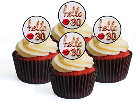 Essbare Cupcake-Topper zum 30. Geburtstag Hello 30 – Oblaten-Kuchen-Scheiben-Dekorationen, 24 x 4 cm, ungeschnitten