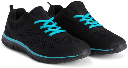 Get Fit Women’s Lightweight Trainers - Breathable Mesh Gym Walking Shoes - Comfortable Lace-Up Fitness Sneakers, Flexible Non-Slip Sole - Black/Turquoise - UK8/EU41