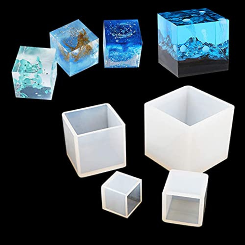 FineInno 4pcs Carrée Moules,Résine Square Resin Molds,Cube Moules,Silicone Moulage, Epoxy DIY Outils Pendentif Bijoux Boucles d'oreilles Décoration