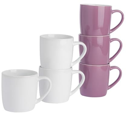 Argon Tableware Coloured Coffee Mugs - Purple/White - 350ml - Pack of 6 - Gloss Ceramic Stoneware Latte Cappuccino Cups Hot Chocolate Cups Colourful Mug Set with Handle