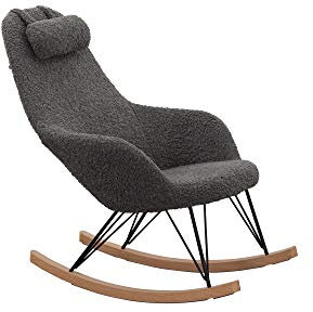 SalesFever Schaukelstuhl Layback | Bezug Teddyfell in Grau | Kufen Massiv-Holz | Gestell Metall schwarz | bewegliches Kissen | skandinavisches Design