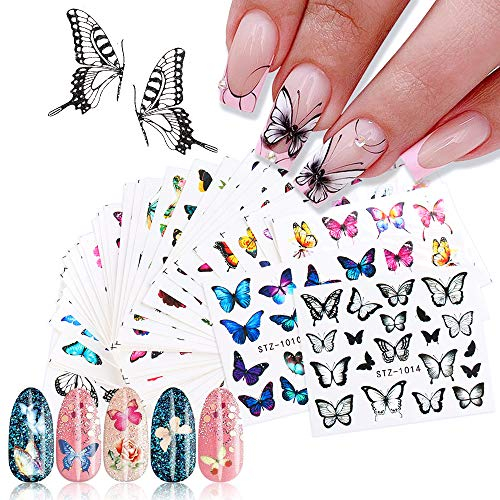 Kalolary 30 Blatt Nagelsticker Blumen Schmetterling Wassertransfer, Nagelaufkleber Selbstklebend Nail Art Stickers Nageltattoos Nageldesign Sticker Nagel Decals DIY Nagelkunst Abziehbilder