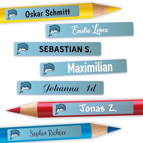 Sunnywall® Stifteaufkleber Delfin Namensaufkleber Kinder Schule 72 Stück Aufkleber für Stifte Namensetiketten Etiketten | schmale 49x7,5mm Kita Schulanfang