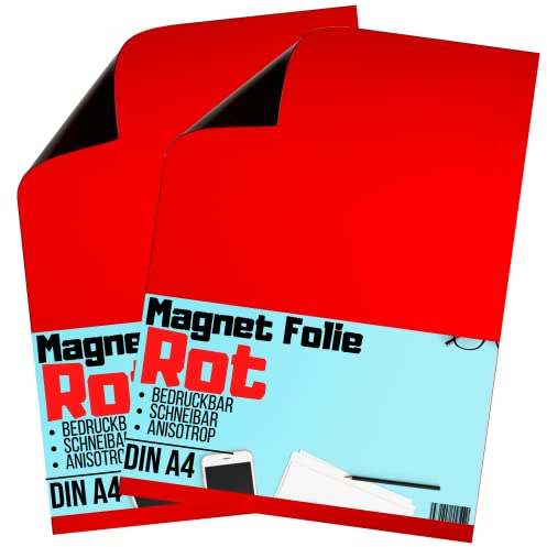 [2 Stück] Magnetfolie DIN A4 - Magnetband - Bedruckbar und Beschreibbar - KFZ Magnetfolie - Magnet Folie zum Beschriften zum Schneiden Stanzen und Basteln (Rot)
