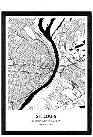 Nacnic Poster mit Karte von St. Louis - USA. Blätter US-Städte mit Meeren und Flüssen in schwarz und weiß. A3
