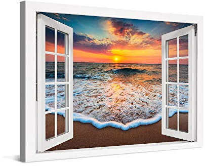 PICANOVA – Stampa su Tela Tramonto sul Mare Finestra 60x40cm – Quadro su Tela Moderno Incorniciato con Spessore di 2cm – Foto Decorazione da Parete Come Dipinto – Collezione Spiagge